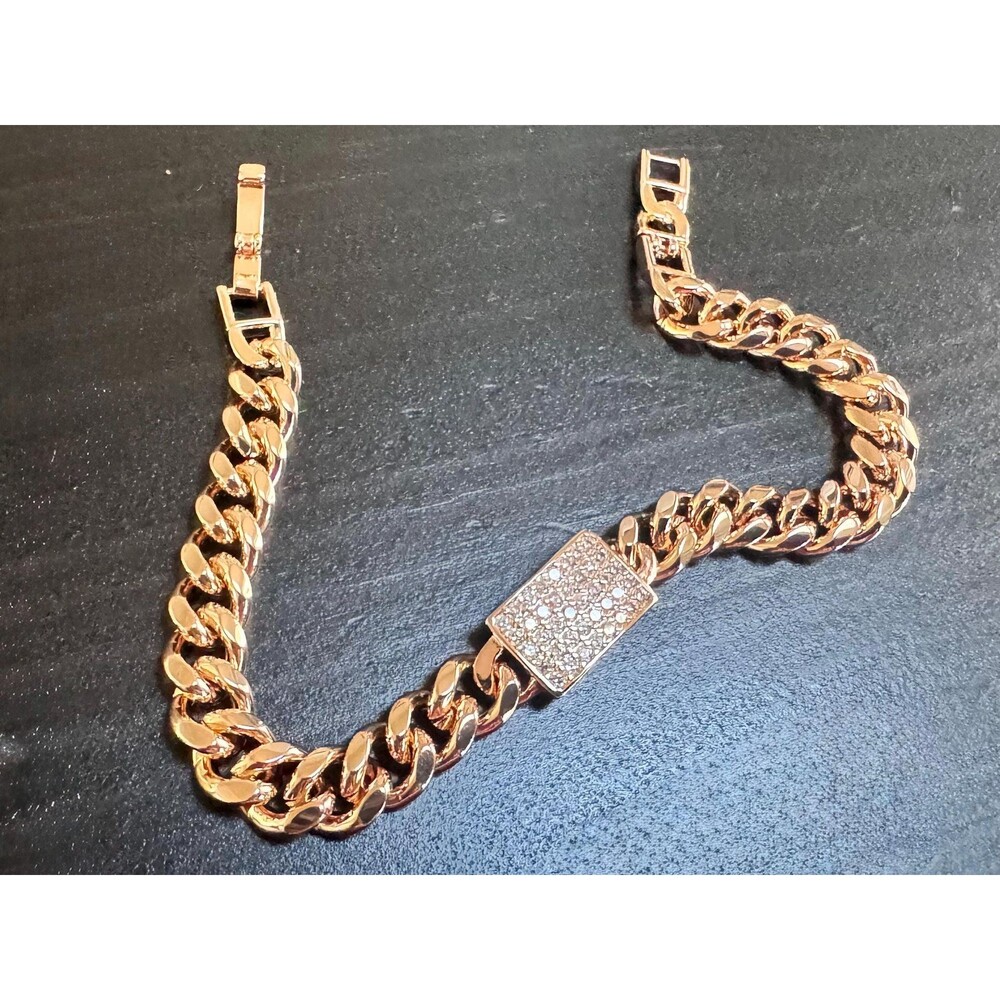 585 14K RG Rolled Gold Stamped Pavé Zircon Center Plate Cuban Lobster Bracelet